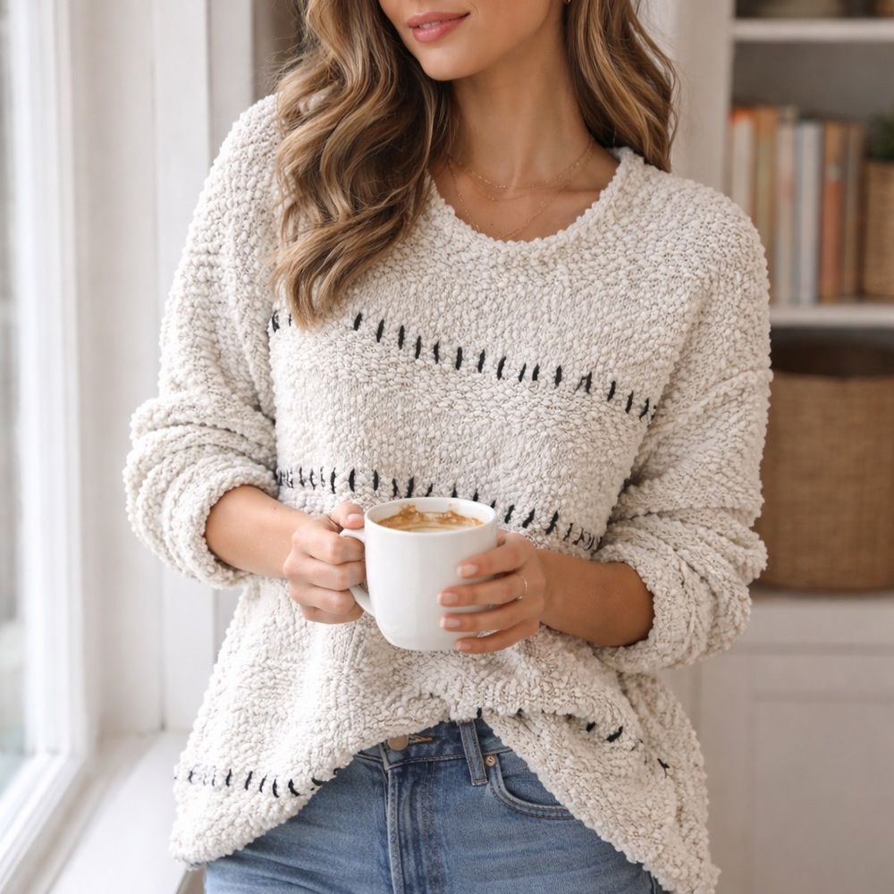 POL Cream Popcorn Knit Crew Sweater with Black Stitching